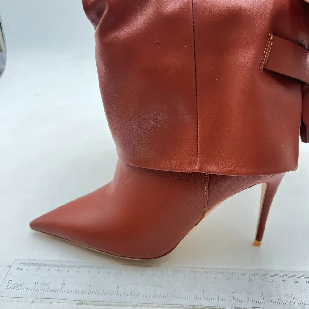 Pazzion Brown Retro Pointy Toe High Heel Partial Zipper Fold Over Knee High Boot